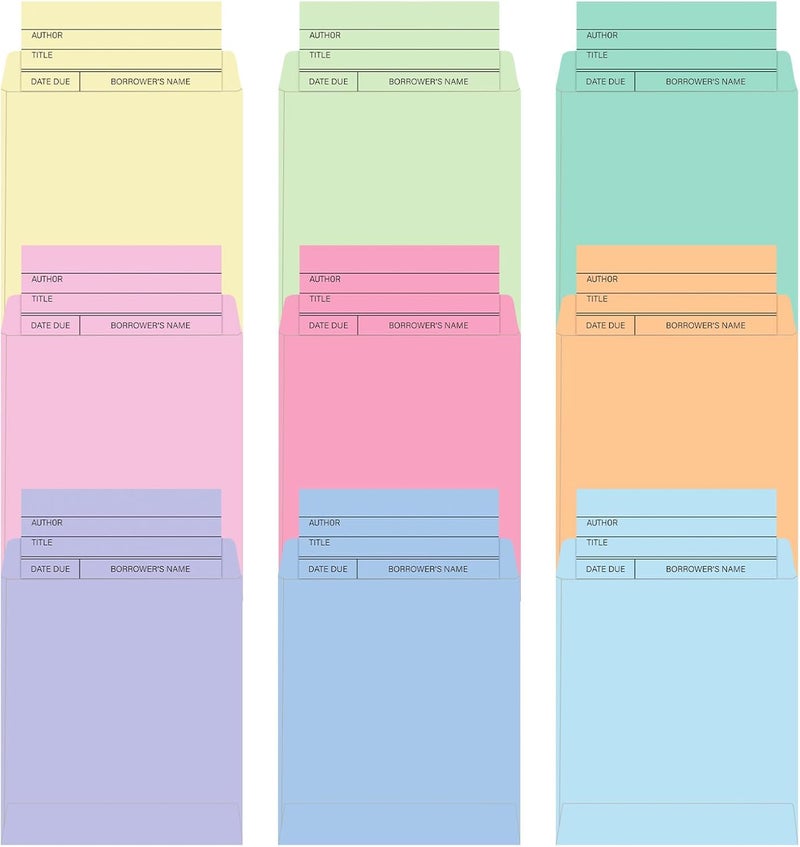 Whaline 180Pcs Library Pockets and Check Out Cards 9 Pastel Colors Due Date Note Card Colorful Self Adhesive Envelopes for Classroom Office Public Library Supplies - Image 1